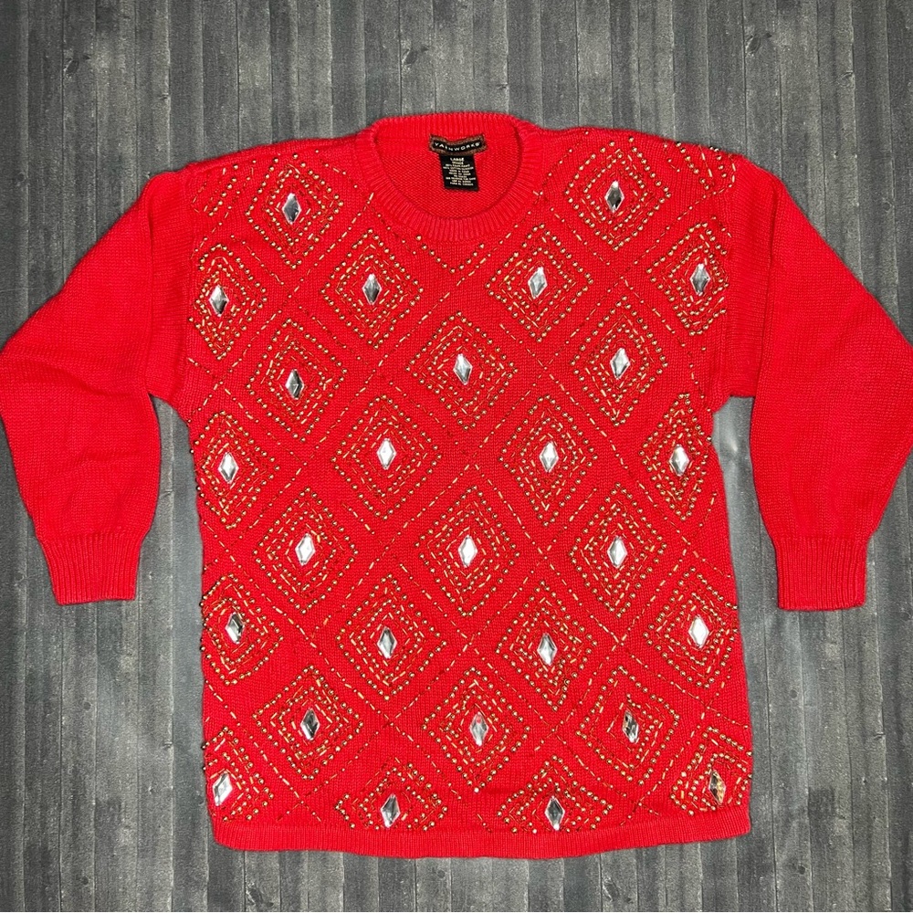 Vintage Yarnworks Red Rhinestone Diamond Gold Beaded Sweater